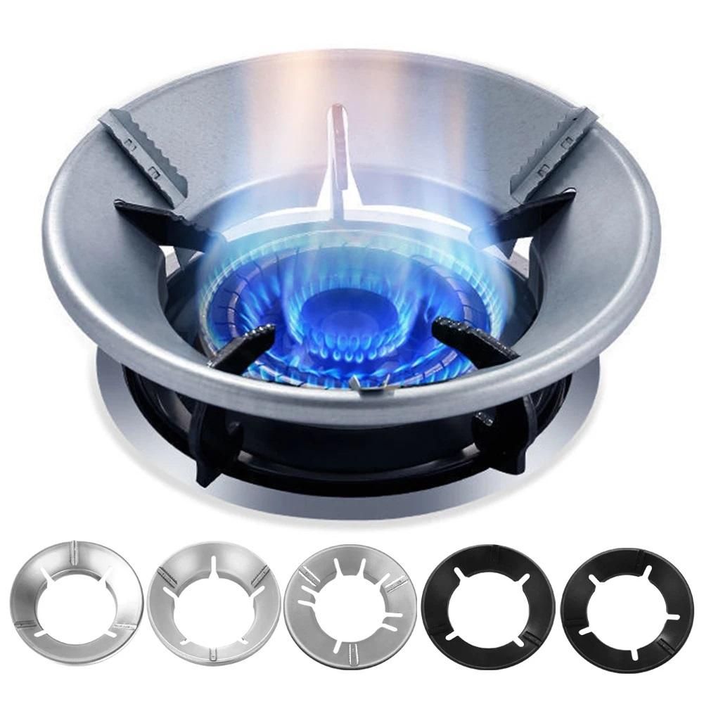 Energy-saving gas stove from Dealscartt with windproof design, shown with burners and control knobs in a modern kitchen setting.