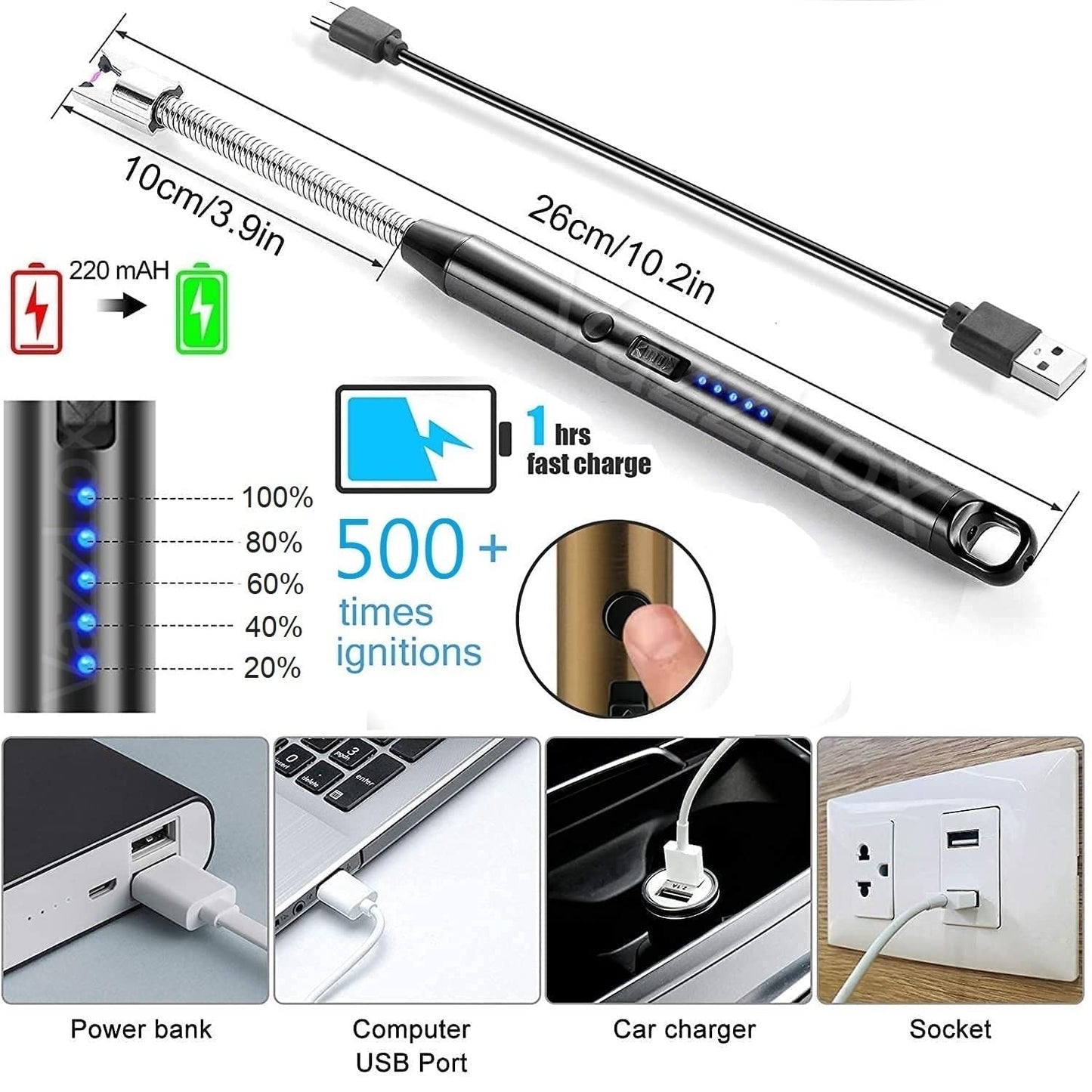 Rechargeable electric multipurpose lighter by Dealscartt, with a sleek black design and safety switch for indoor and outdoor use.