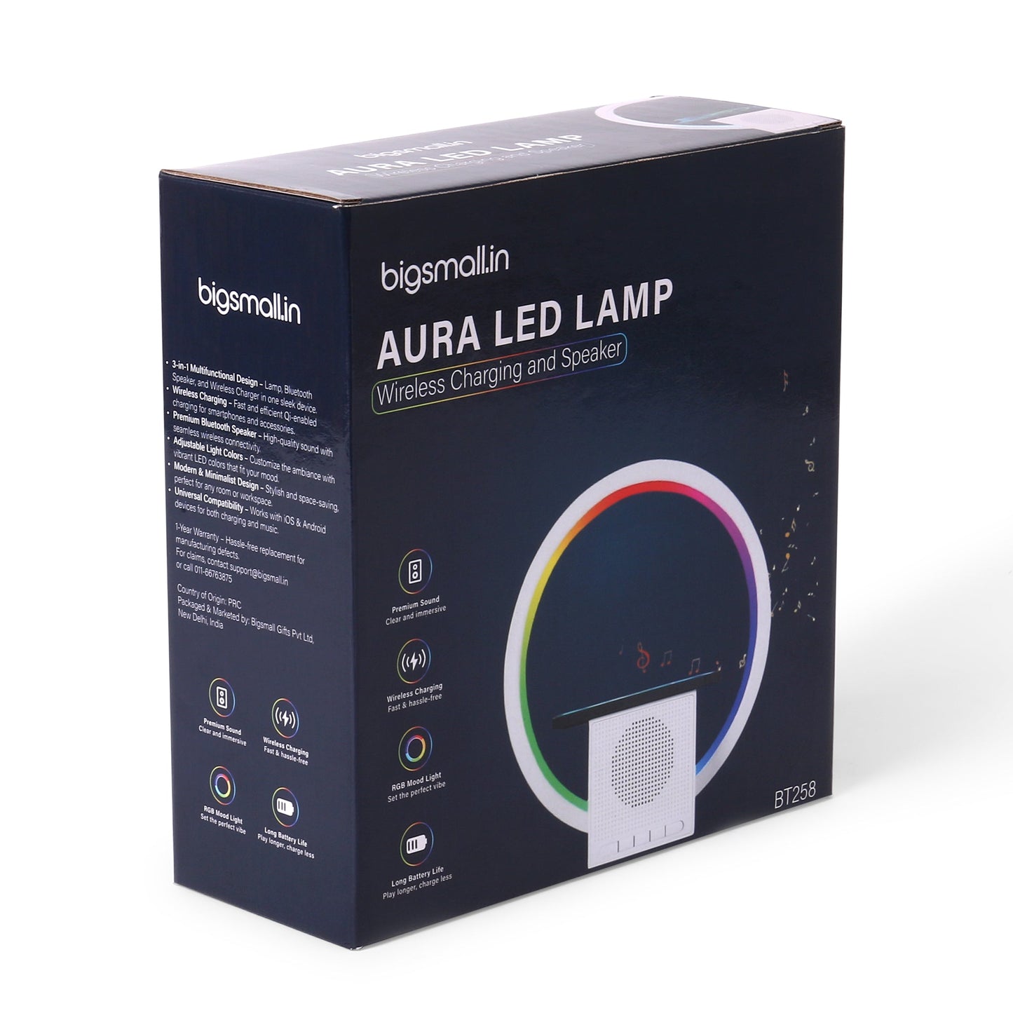 Aura LED lamp by Dealscartt with wireless charging pad and built-in speaker, featuring modern design and adjustable lighting.