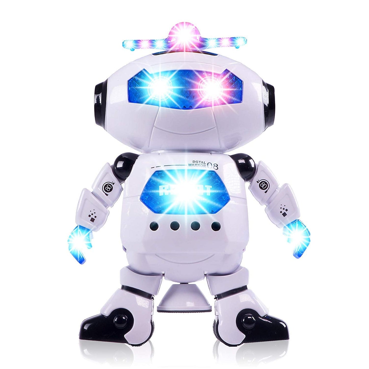 Dancing robot toy with colorful 3D lights and music features, branded Dealscartt, performing dance moves against a dark background.