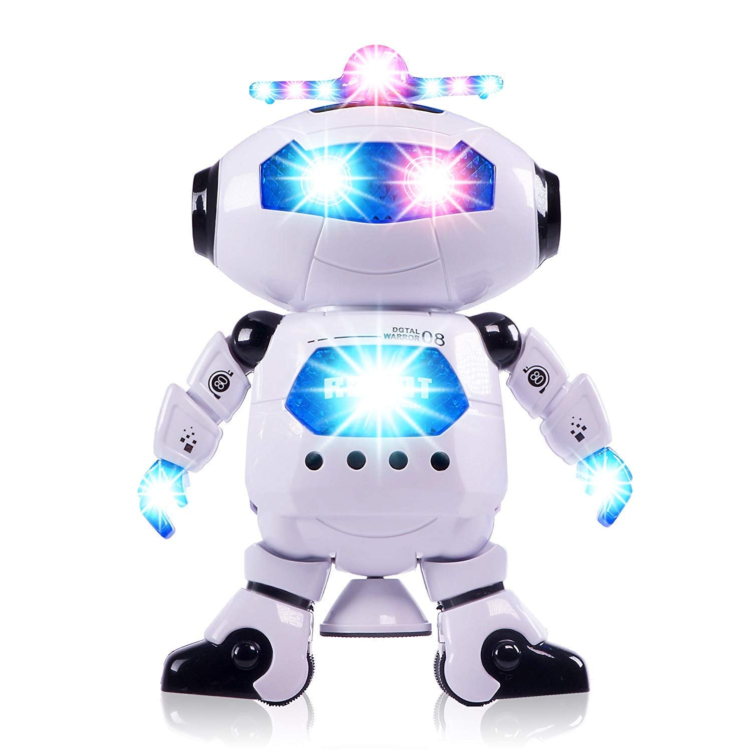 Dancing robot toy with colorful 3D lights and music features, branded Dealscartt, performing dance moves against a dark background.
