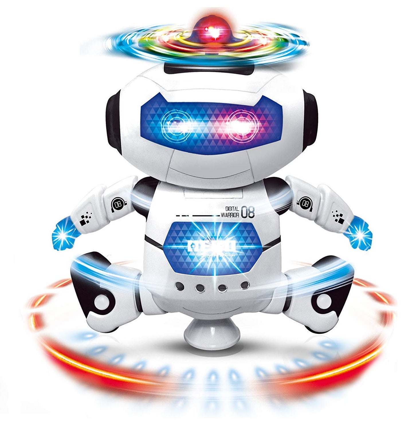 Dancing robot with colorful 3D lights and music features, made by Dealscartt, showcasing its lively, illuminated design.