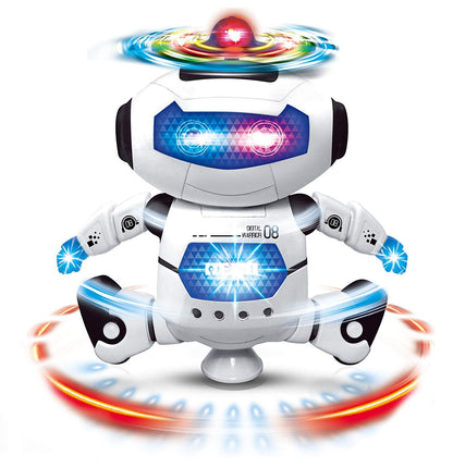 Dancing robot with colorful 3D lights and music features, made by Dealscartt, showcasing its lively, illuminated design.
