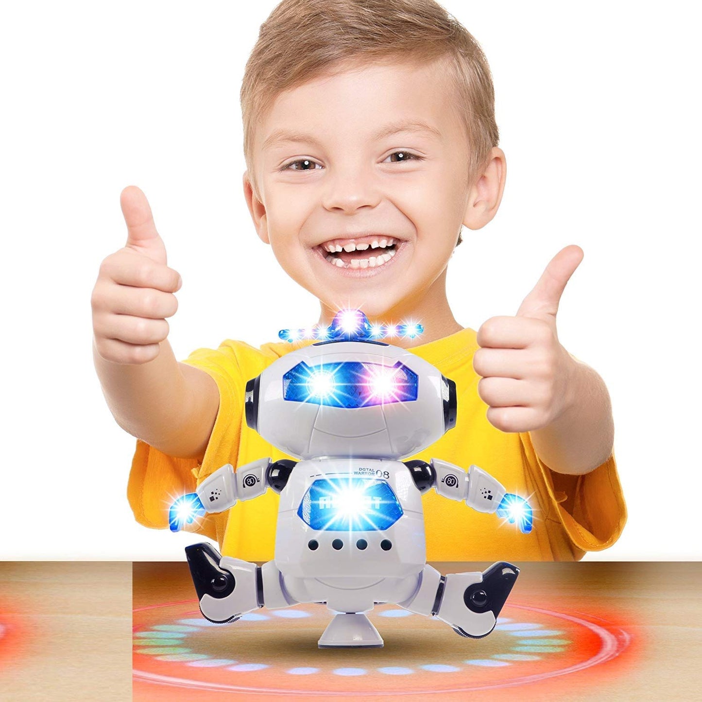 Colorful dancing robot with 3D lights and music from Dealscartt, featuring moving arms and vibrant LED effects.