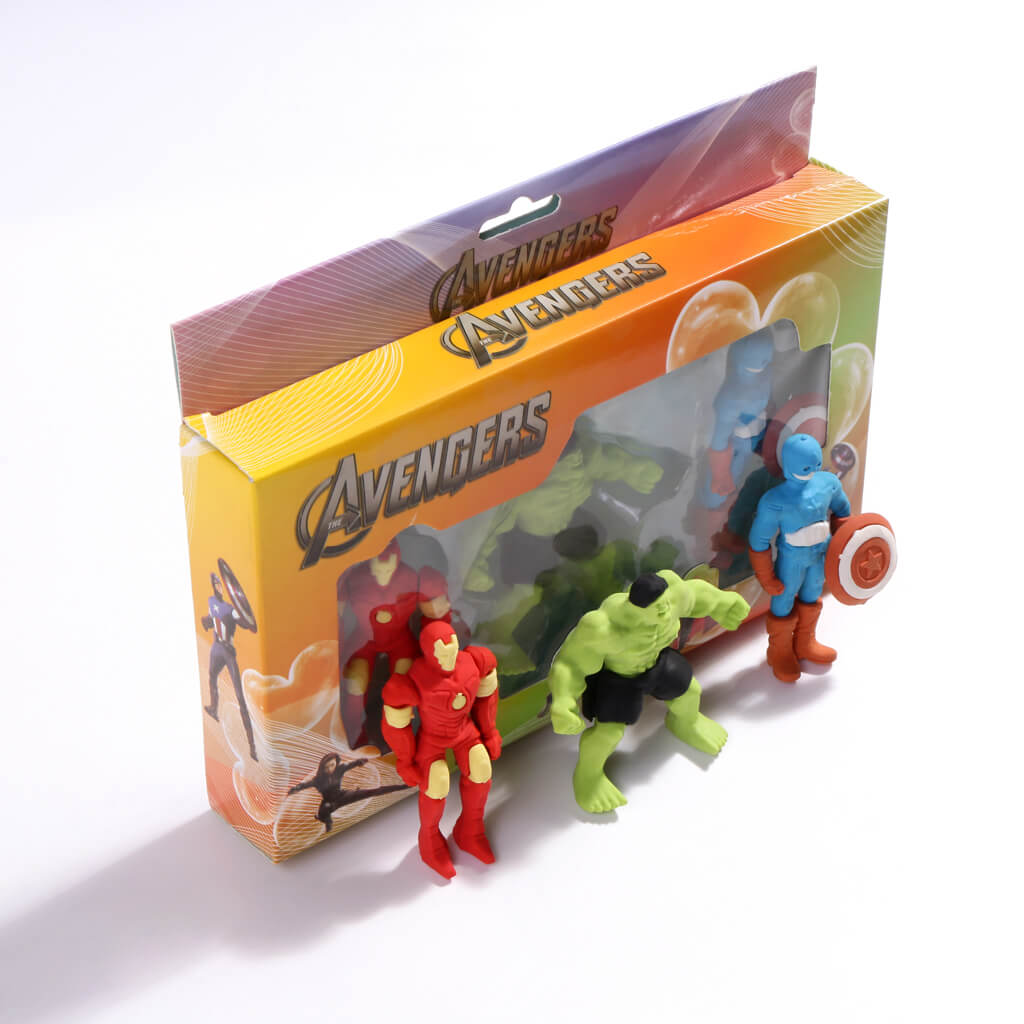 Avengers 3D Eraser Set featuring superhero-themed stationery with colorful erasers and character designs, ideal for students and collectors.