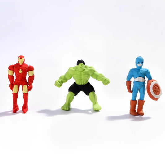 Avengers 3D Eraser Set of stationery with superhero-themed erasers from Dealscartt, displayed on a white background.