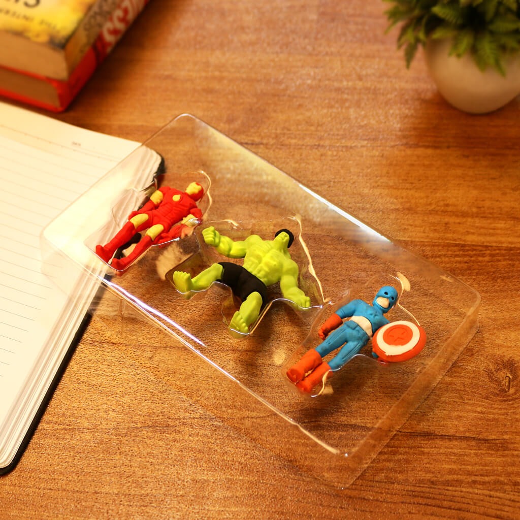 Avengers 3D Eraser Set for stationery, featuring Marvel superhero designs, perfect for kids and fans, by Dealscartt.
