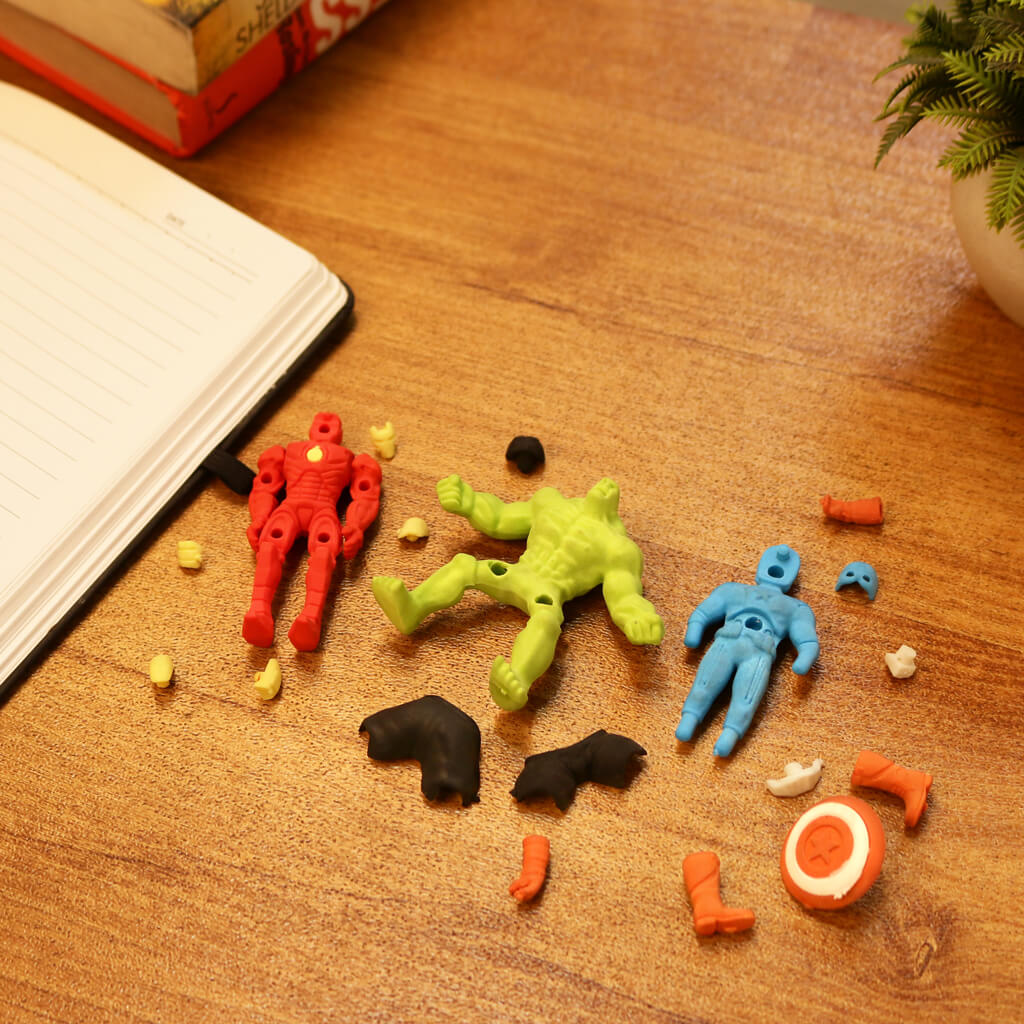Avengers 3D Eraser Set for stationery, featuring superhero-themed erasers with colorful designs and detailed Avengers characters.
