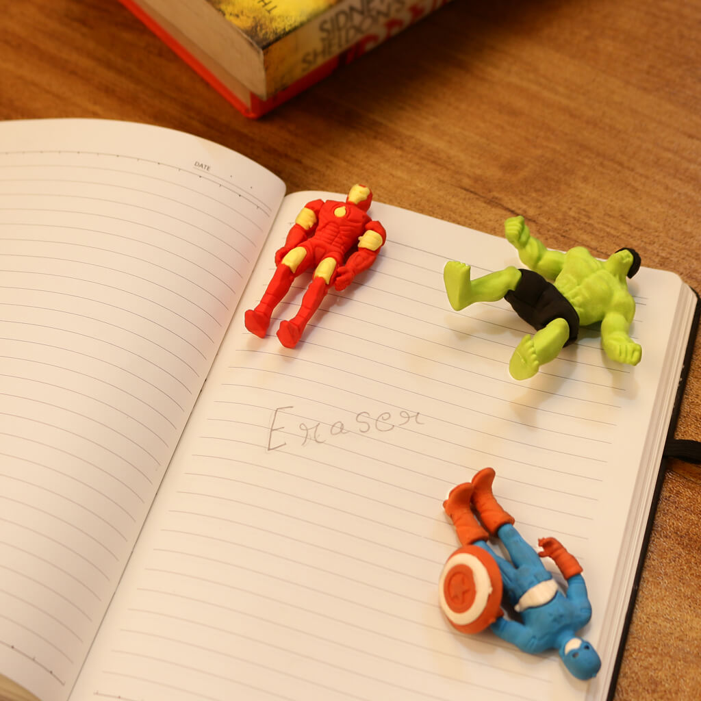 Avengers 3D Eraser Set of stationery with superhero designs, ideal for school and art projects, by Dealscartt.
