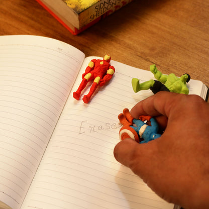 Avengers 3D Eraser Set of stationery with superhero-themed erasers featuring Marvel Avengers characters, perfect for school or office use.